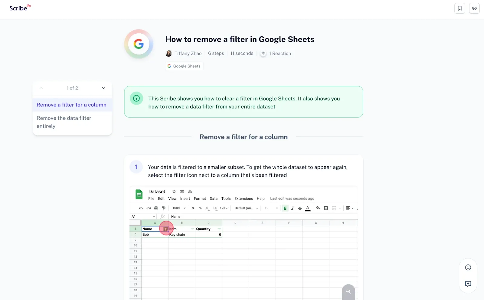 Scribe tutorial showing how to remove a filter in Google Sheets with numbered steps and highlighted interface elements