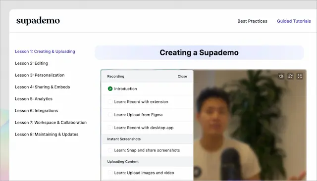 Supademo guided tutorial page with lesson categories on the left and a video tutorial playing on the right, explaining demo creation.