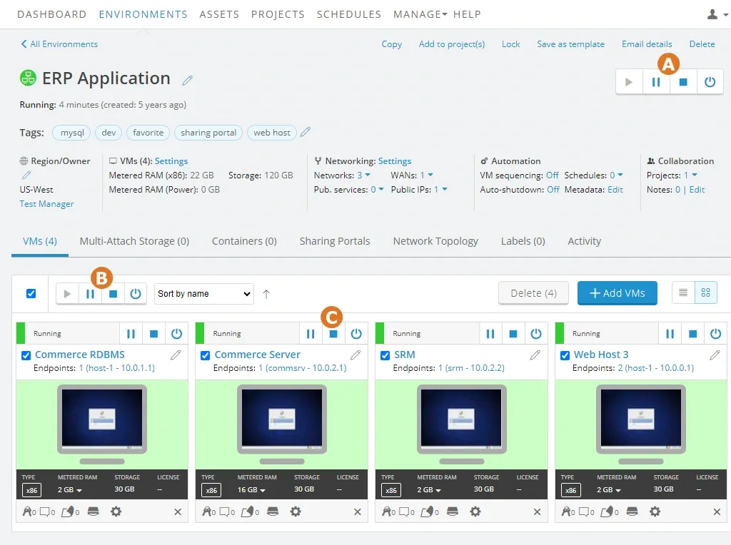 Skytap's interface showing ERP application dashboard with 4 active VMs, displaying their memory, storage, and network settings