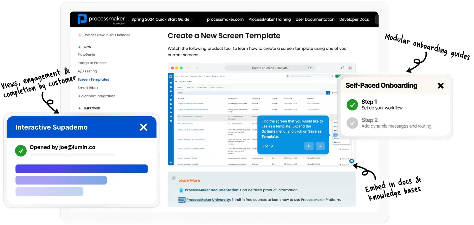 Screenshot of ProcessMaker's docs with Supademo elements as an overlay.