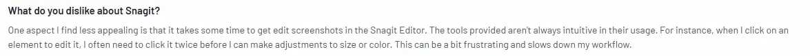 Screenshot of a G2 user review about slow screenshot editing, unintuitive tools, and extra clicks in the Snagit Editor.