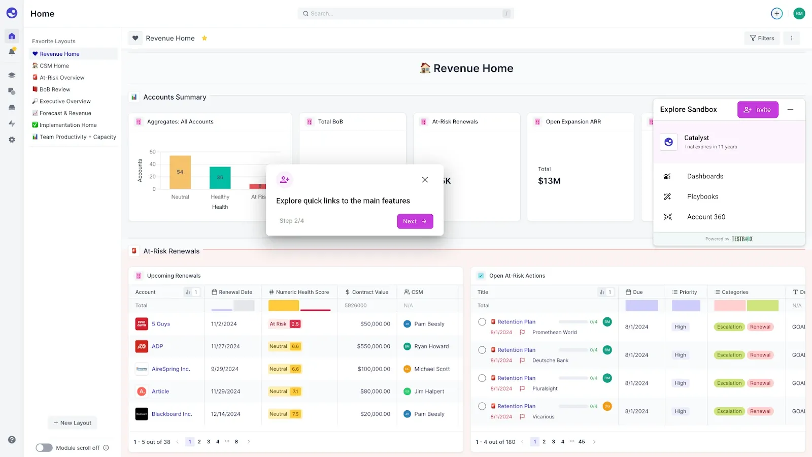 Revenue Home dashboard showing account health metrics, upcoming renewals, and at-risk actions, with a product tour overlay explaining main features.