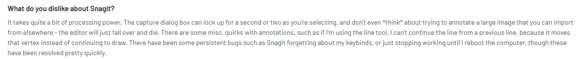 Screenshot of a G2 user review describing high resource use, slow capture dialog, and annotation bugs in Snagit.