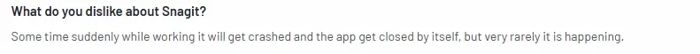 Screenshot of a G2 user review describing occasional Snagit crashes that close the app unexpectedly.