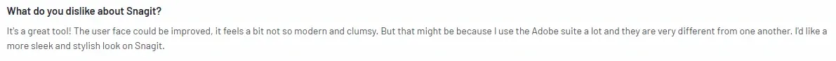 Screenshot of a G2 user review praising Snagit but criticizing its outdated, clumsy interface.