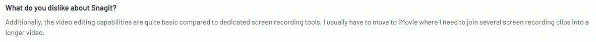 Screenshot of a G2 user review about Snagit's limited video editing, prompting use of iMovie for screen recording clips.