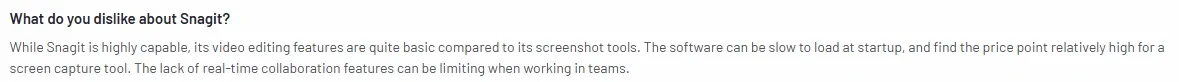 Screenshot of a G2 user review noting limited video editing features, slow startup, and a high price for Snagit.