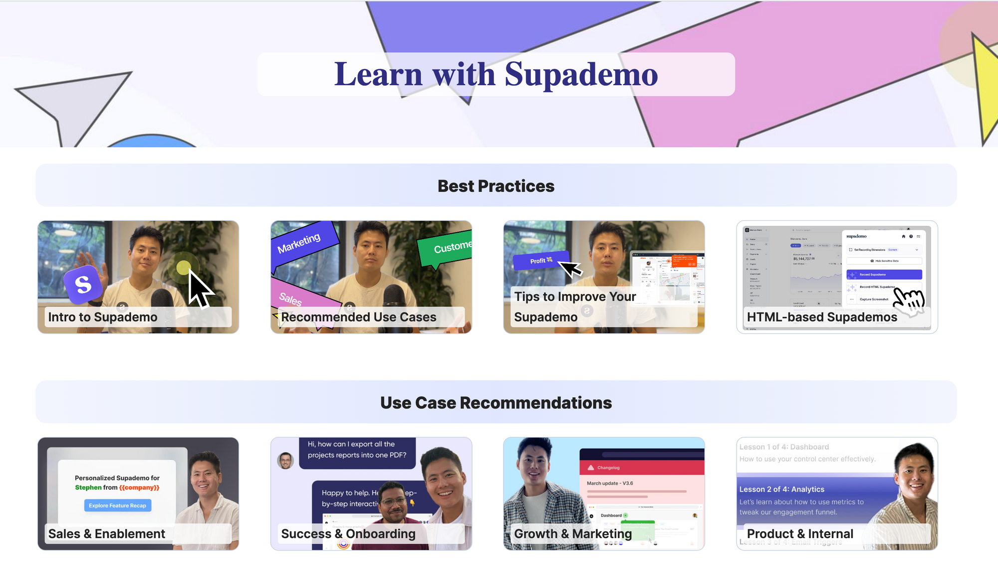 Screenshot of Supademo’s learning resources page featuring video tutorials, best practices, and recommended use cases.