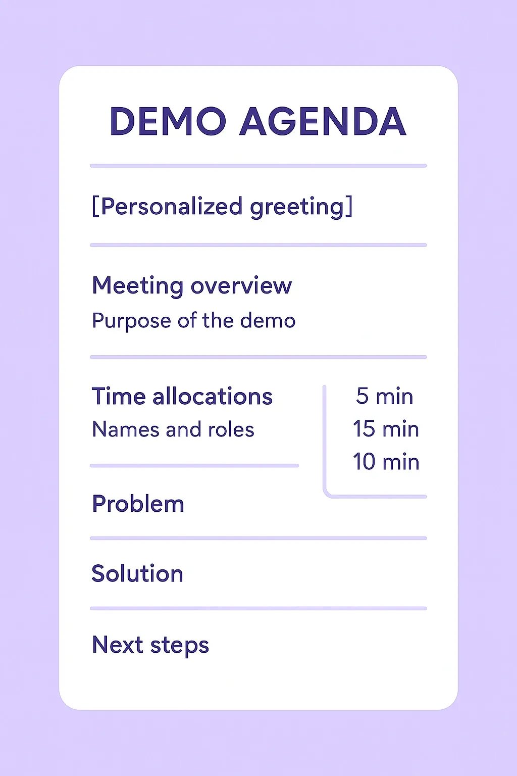 Demo agenda example structure with greeting, timing, and problem-solution flow