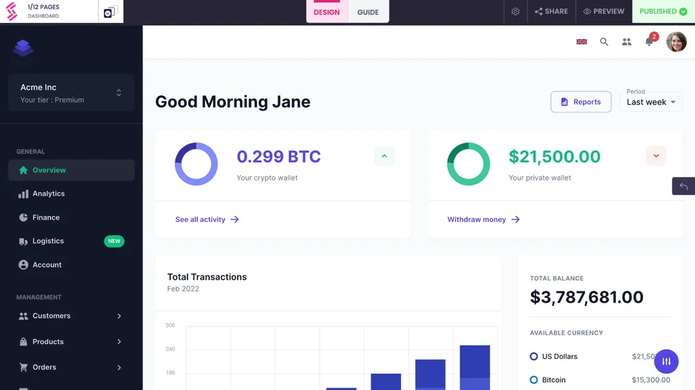 Storylane interactive product tour dashboard showing crypto wallet balance, transaction analytics, and user interface elements.