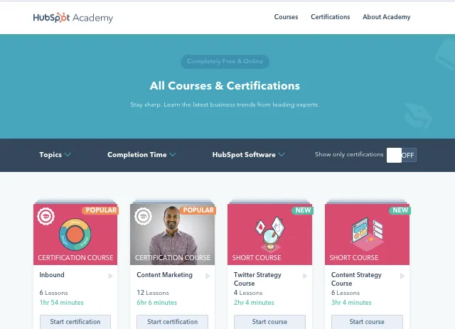 HubSpot offers a library of free, high-quality courses on everything from inbound marketing to sales automation