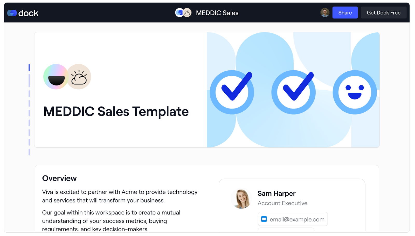 A Dock workspace interface with a MEDDIC sales template. The workspace features a welcome message and account executive contact details, intended for aligning sales metrics, decision criteria, and stakeholder info.