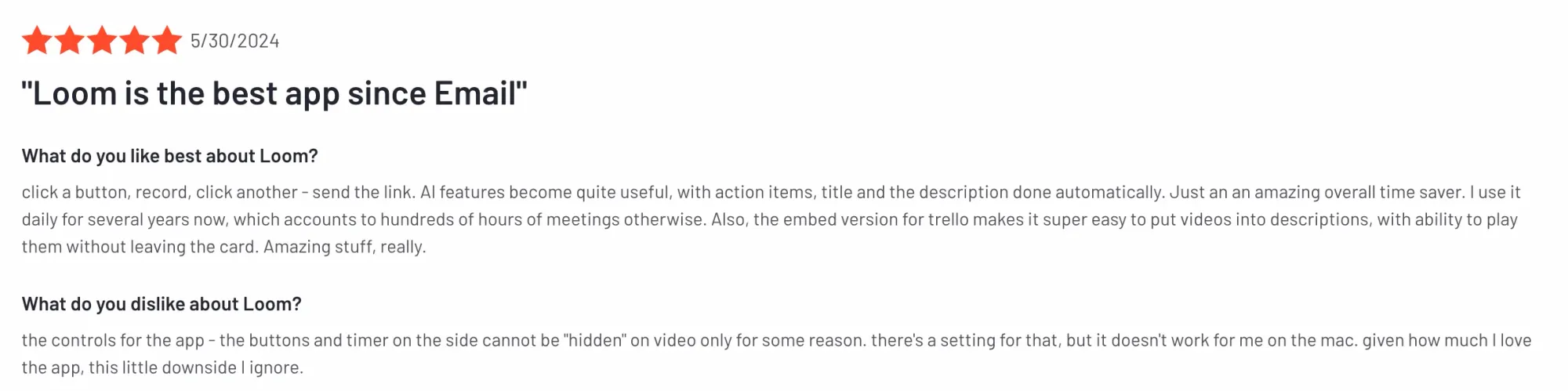 A Capterra reviewer highlights Loom’s AI transcript editor as a game-changer for quick edits