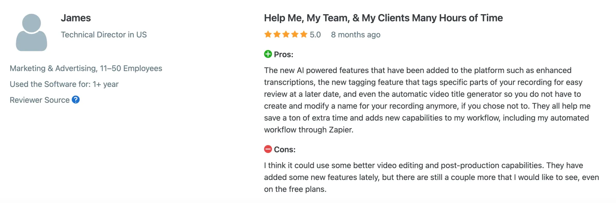 G2 reviewers praise Loom’s AI as “actually useful, saving me tons of editing time"