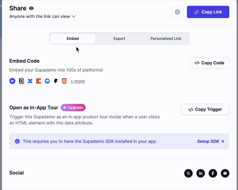 A Supademo sharing interface shows options to embed content, export it, or generate a personalized link. It highlights platform compatibility (Notion, Webflow, HTML, etc.) and includes SDK upgrade instructions for in-app tour functionality.