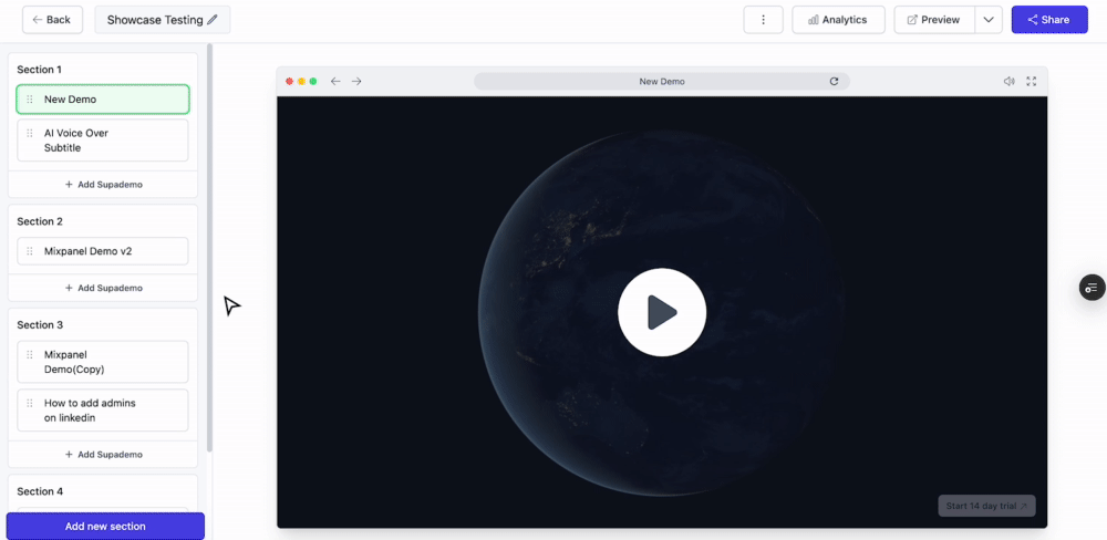 Example of reordering sections on a Showcase