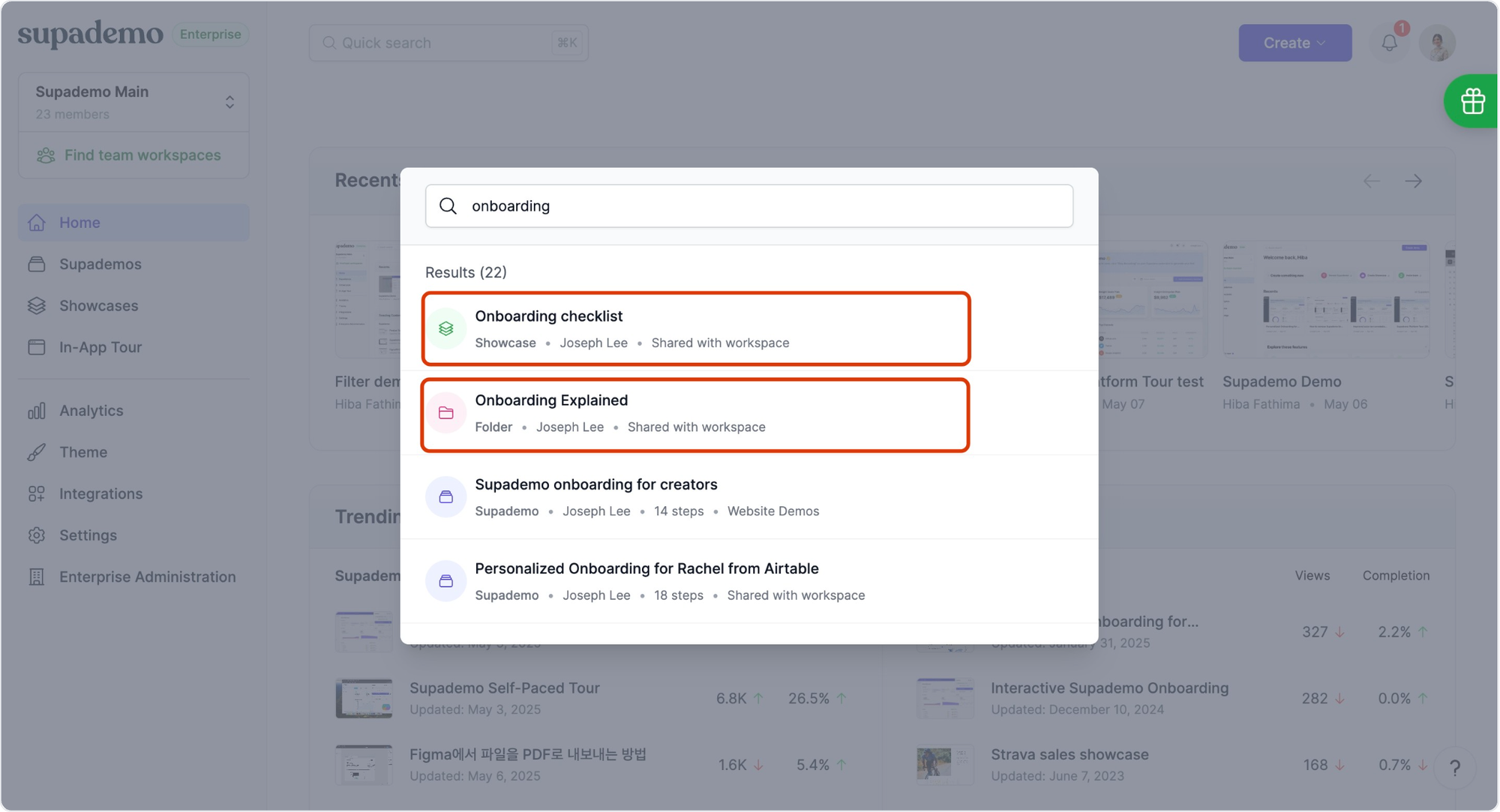 Search for folders and showcases using the global search bar