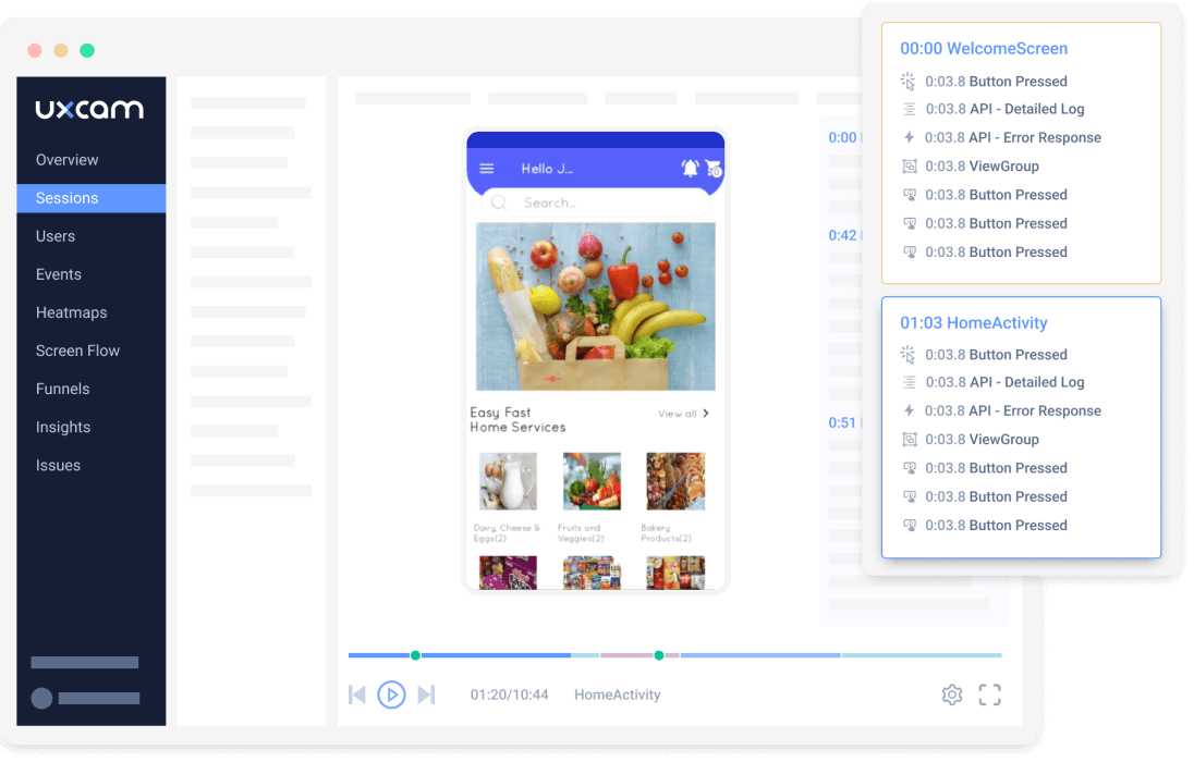 Screenshot of UXCam’s session replay dashboard showing a mobile app interface, interaction logs, and navigation timeline.