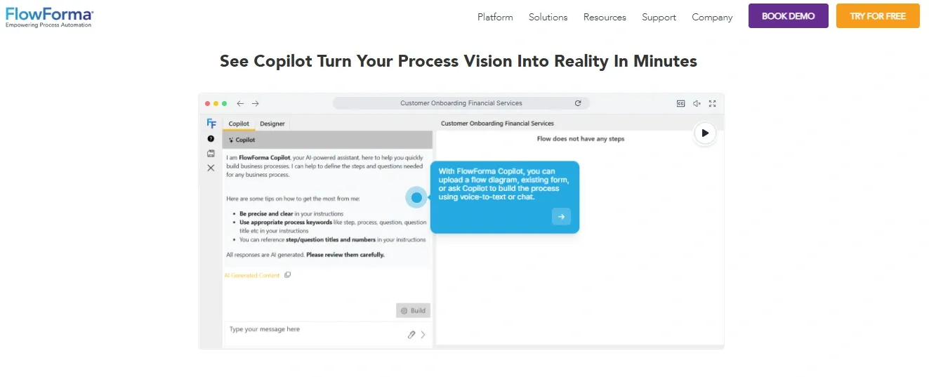 Screenshot of FlowForma product page showing an interactive Supademo of Copilot’s voice- and chat-based process builder.