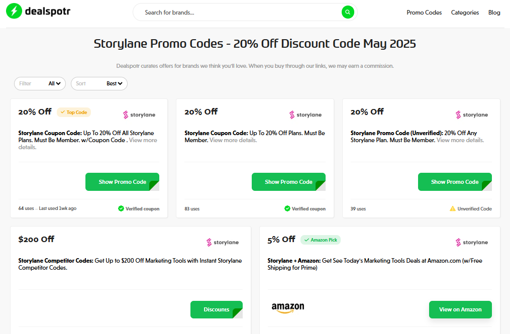 Dealspotr Storylane promo codes page.