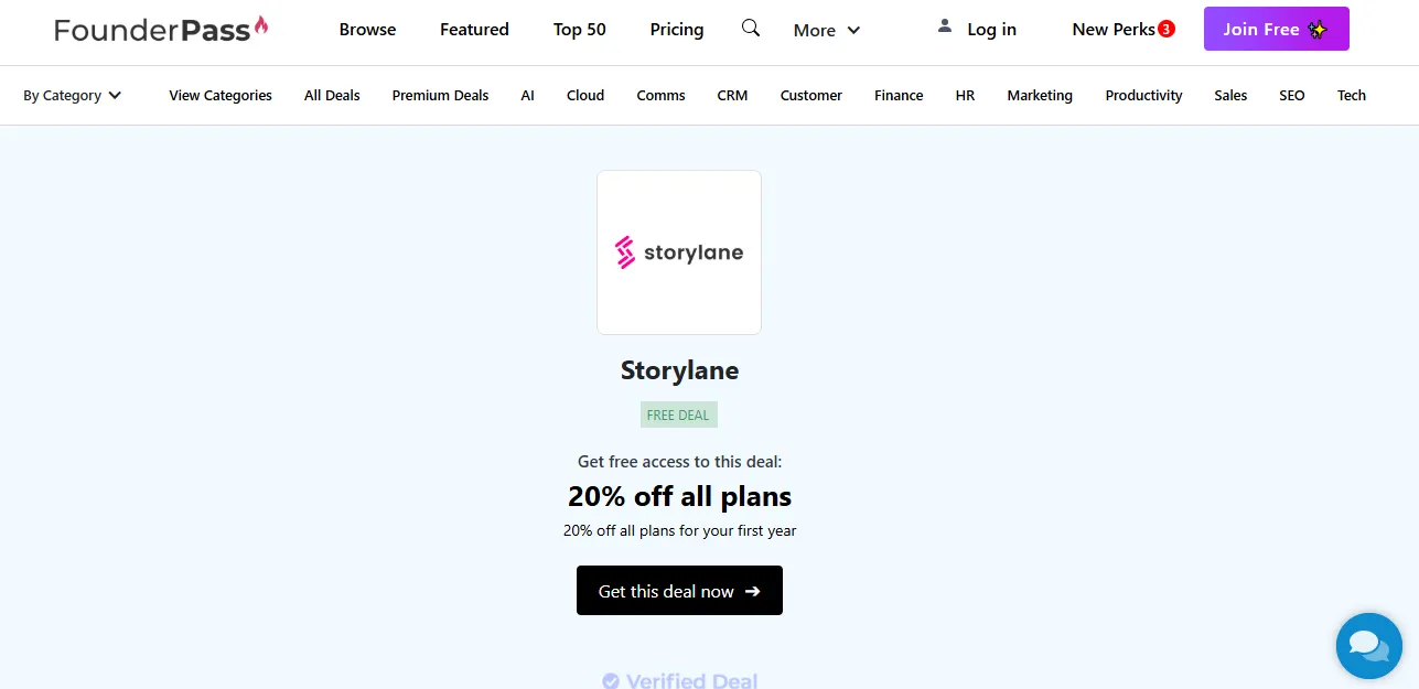 FounderPass deal page offering 20% off all Storylane plans for eligible users.