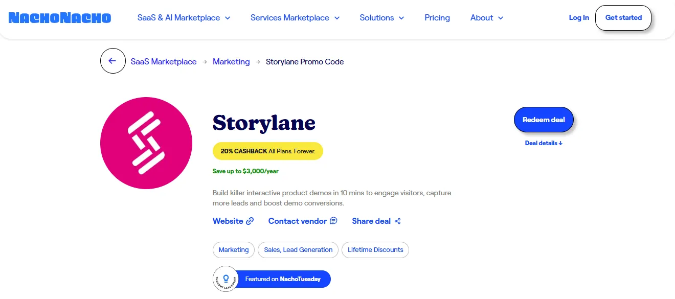 NachoNacho page showing Storylane deal with 20% cashback and a Redeem Deal button.