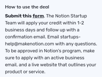 How-to guide for redeeming a Notion deal by signing up on form and active business email.