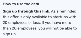 Text showing a platform deal restricted to startups with 20 or fewer employees.
