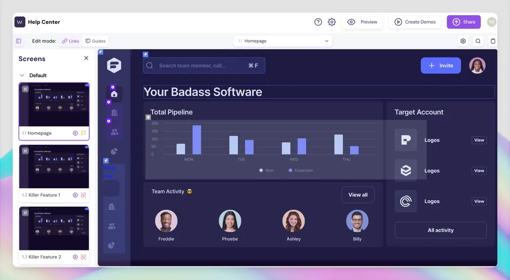 Walnut demo editor interface with multiple guided screens, showing a product tour used for pipeline and team activity demos.