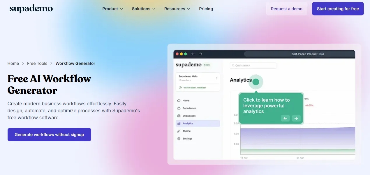 Supademo's free AI workflow generator page for automating business processes with visual interface.