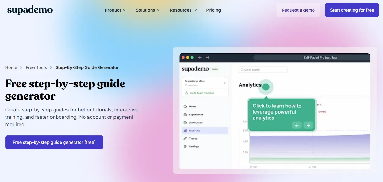 Supademo tool page promoting a free step-by-step guide generator with a call-to-action button.