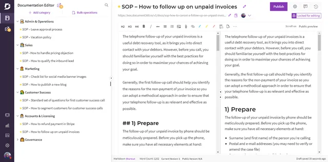 SOP editor showing instructions on how to follow up on unpaid invoices with markdown formatting and preview.