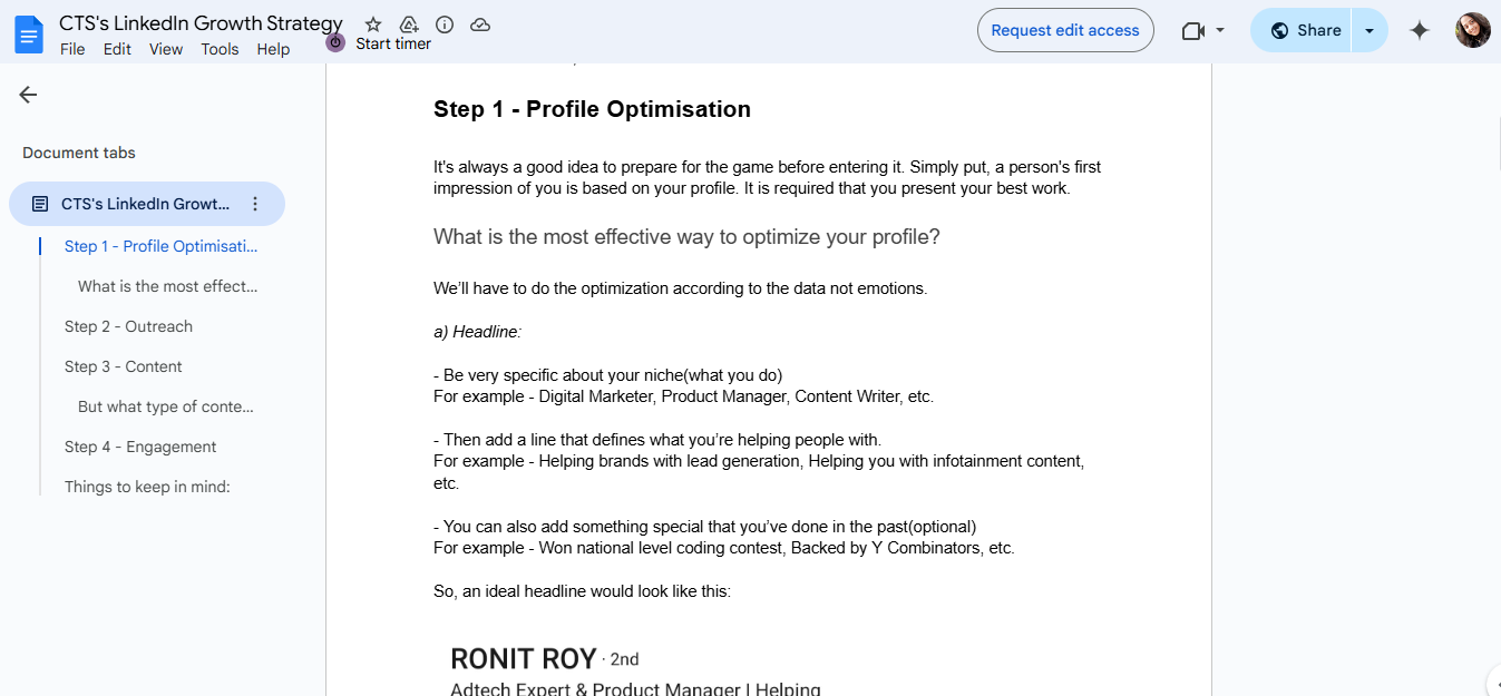 Google Doc showing LinkedIn profile optimization steps with sidebar navigation and headline writing tips.