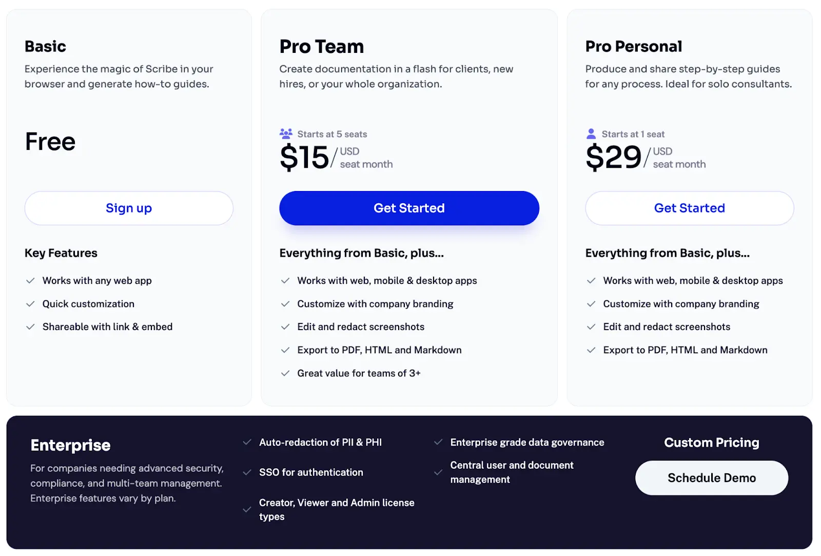 A snapshot of ScribeHow's free and paid pricing plans