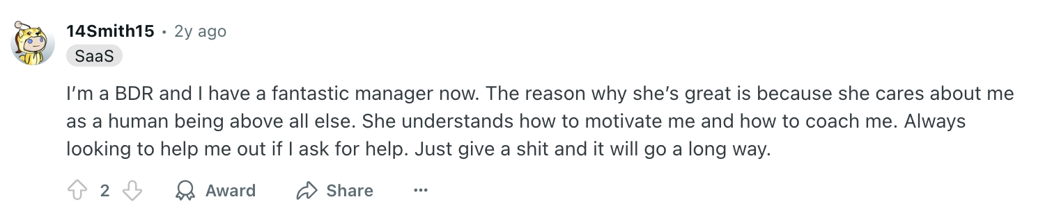 A Reddit comment from a BDR praising their manager for providing emotional support and motivation. The comment emphasizes the value of empathy and proactive coaching in sales team leadership.