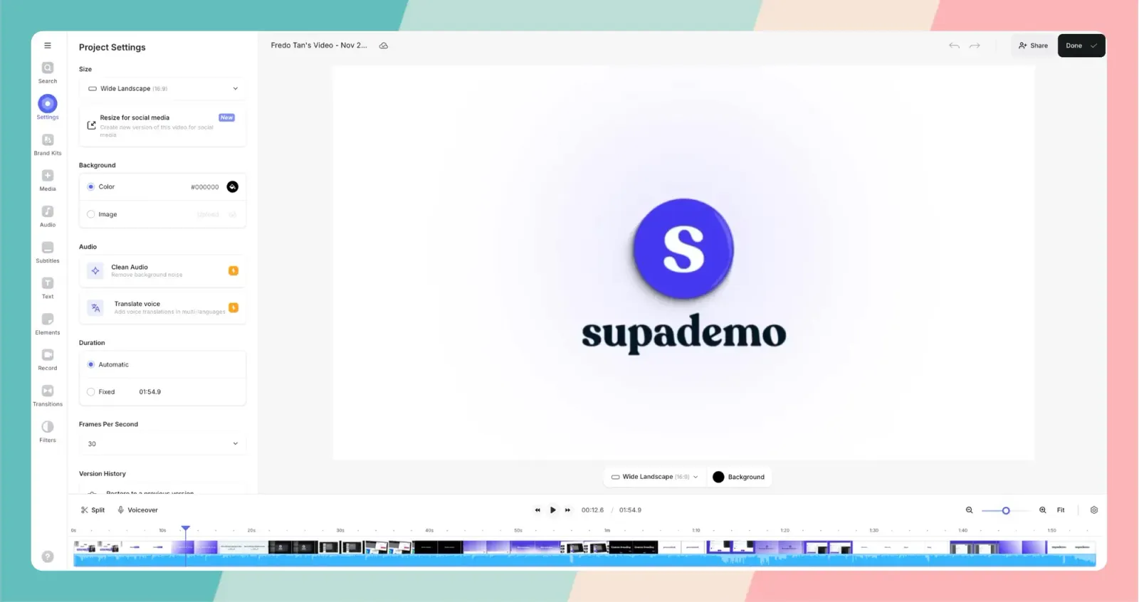 VEED's interface with the Supademo logo shown on the canvas.