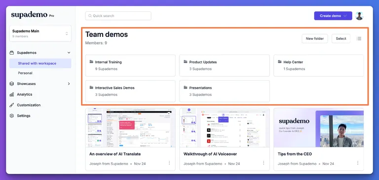 Supademo dashboard with demo folders for internal training, sales, product updates, and presentations.