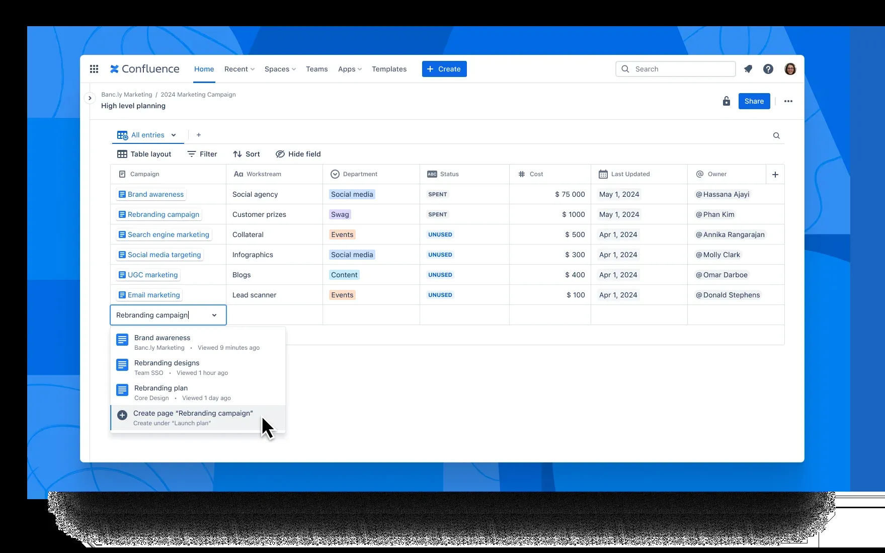 Confluence workspace showing a marketing campaign plan with tags, goals, and collaborators