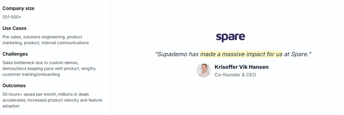 Spare case study highlighting time savings and feature adoption boost with Supademo demos.