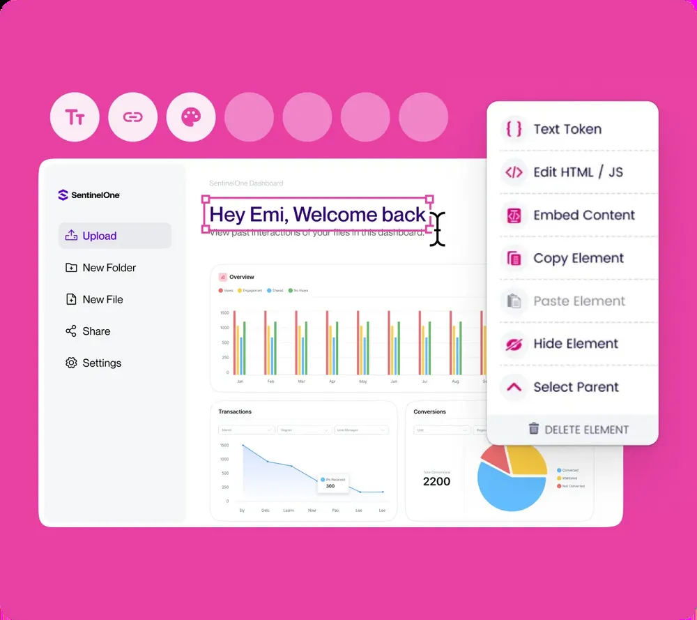 Storylane demo editor interface showing options for HTML and content customization.