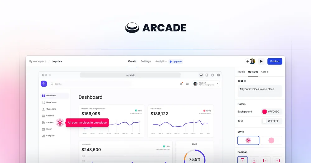 Arcade dashboard for creating clickable, guided product experiences.