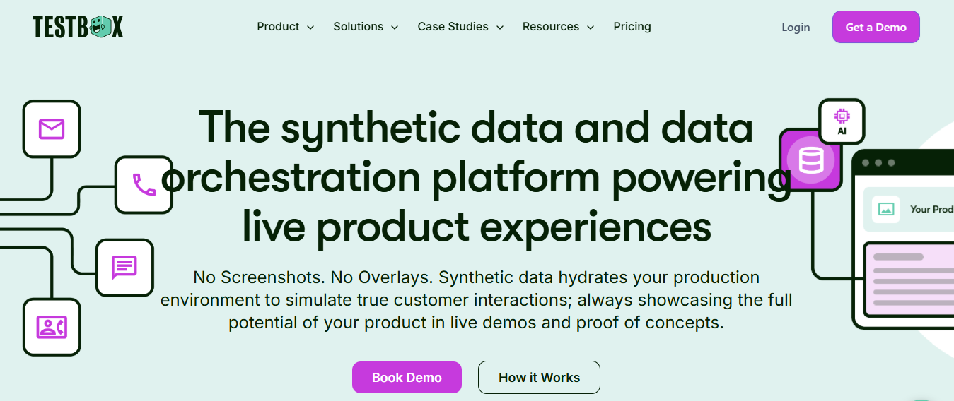 TestBox homepage showcasing synthetic data-powered live demo experiences.