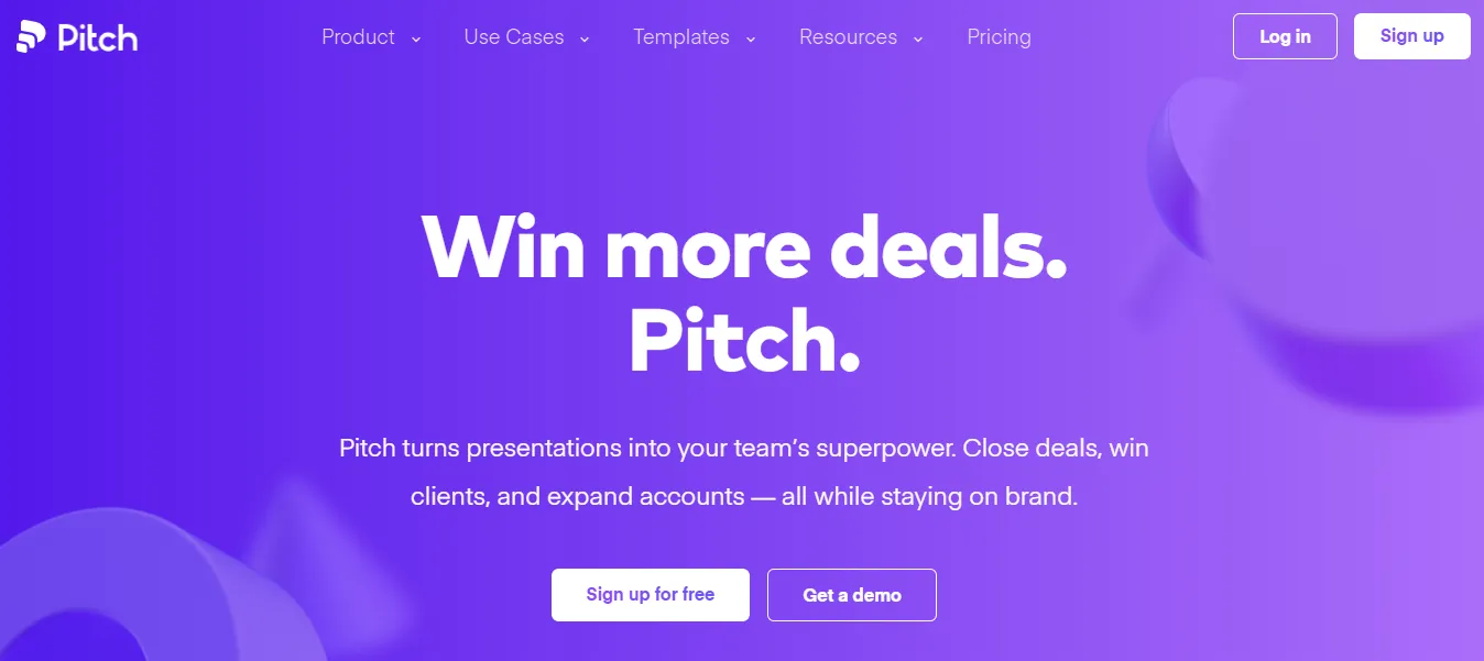 Pitch homepage encouraging teams to craft impactful client-facing presentations.