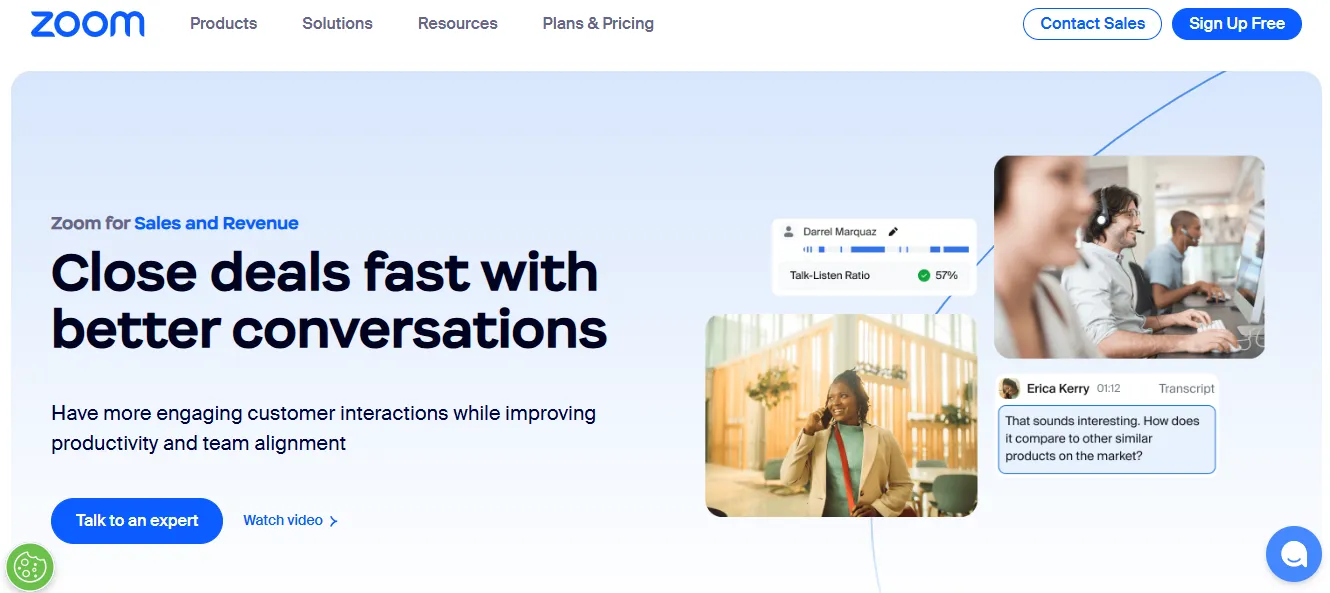 Zoom homepage showing features for sales calls and customer conversations.