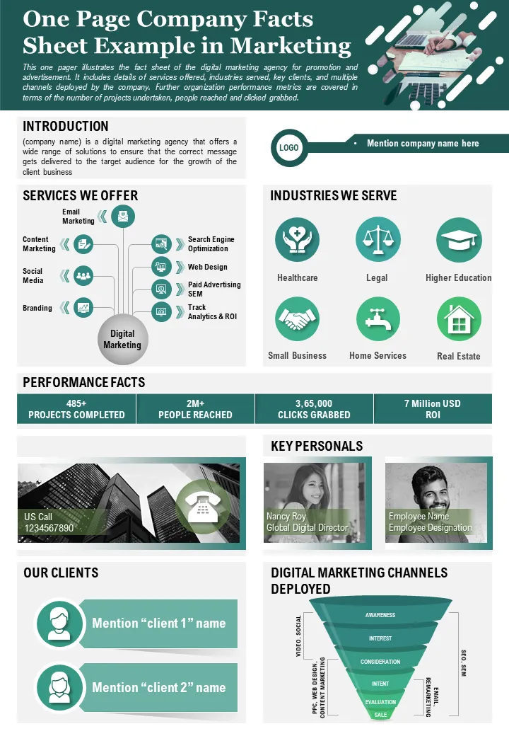 Sample marketing fact sheet with company services, industries, key stats, and team profiles.
