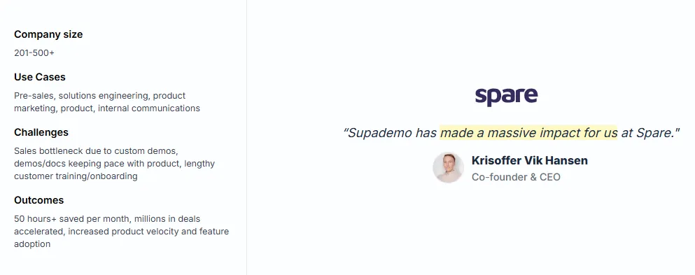 Spare case study shows Supademo impact: hours saved, increased deal velocity, and faster feature adoption.