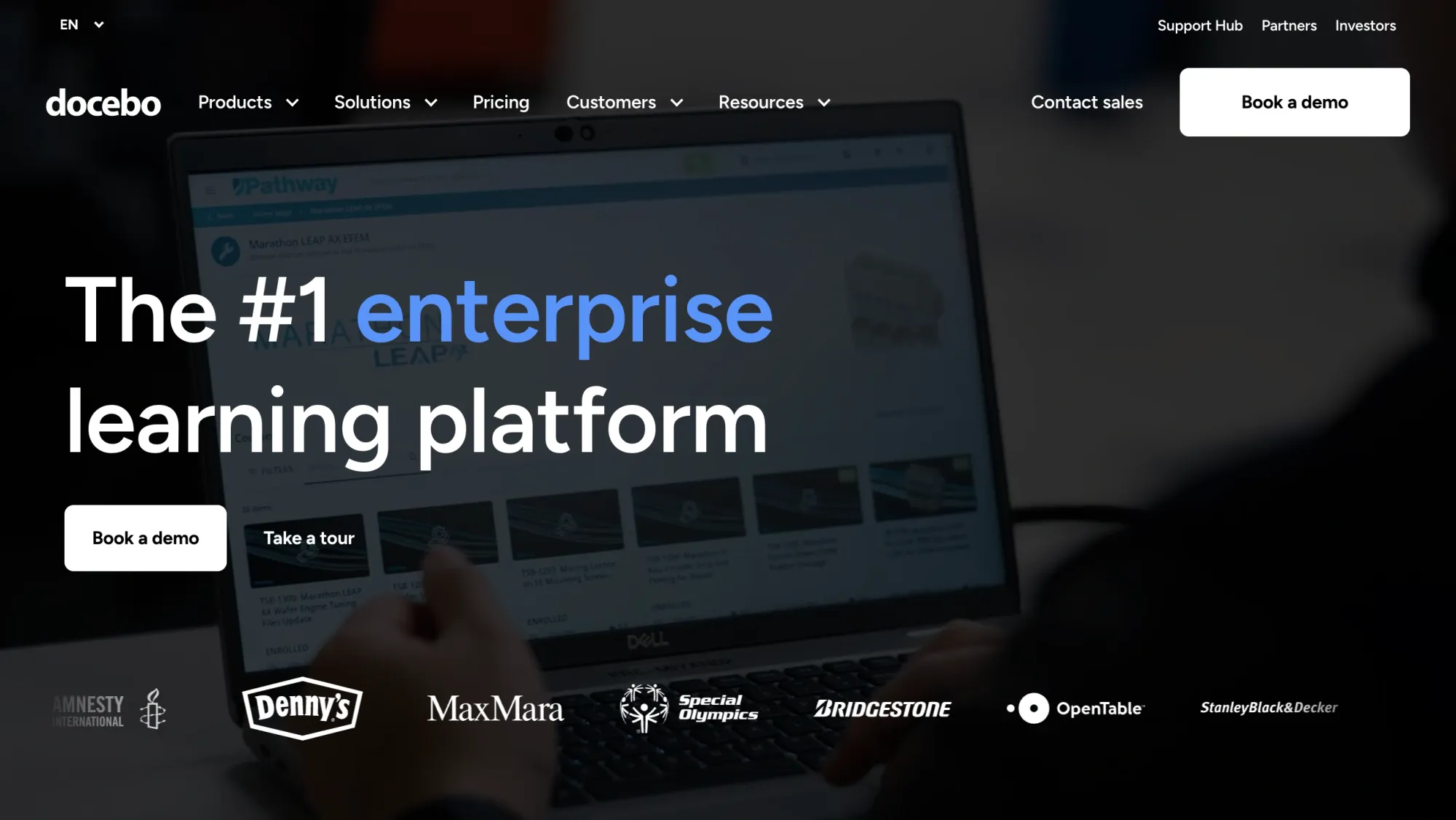 Docebo homepage showing AI-powered enterprise LMS with advanced features