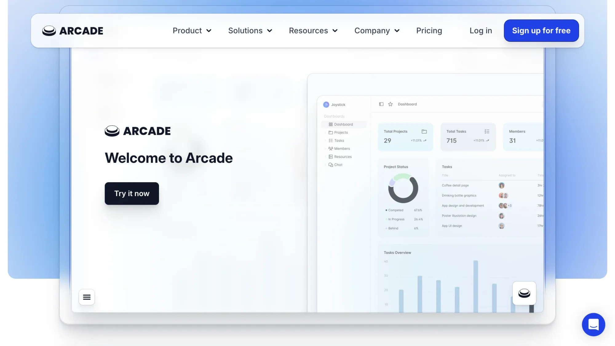 Arcade dashboard screen with members, task list, and progress charts 