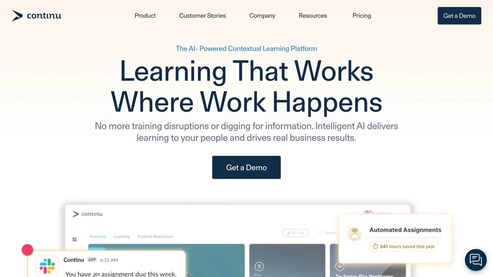 Continu homepage displaying AI-powered learning platform with automation workflows