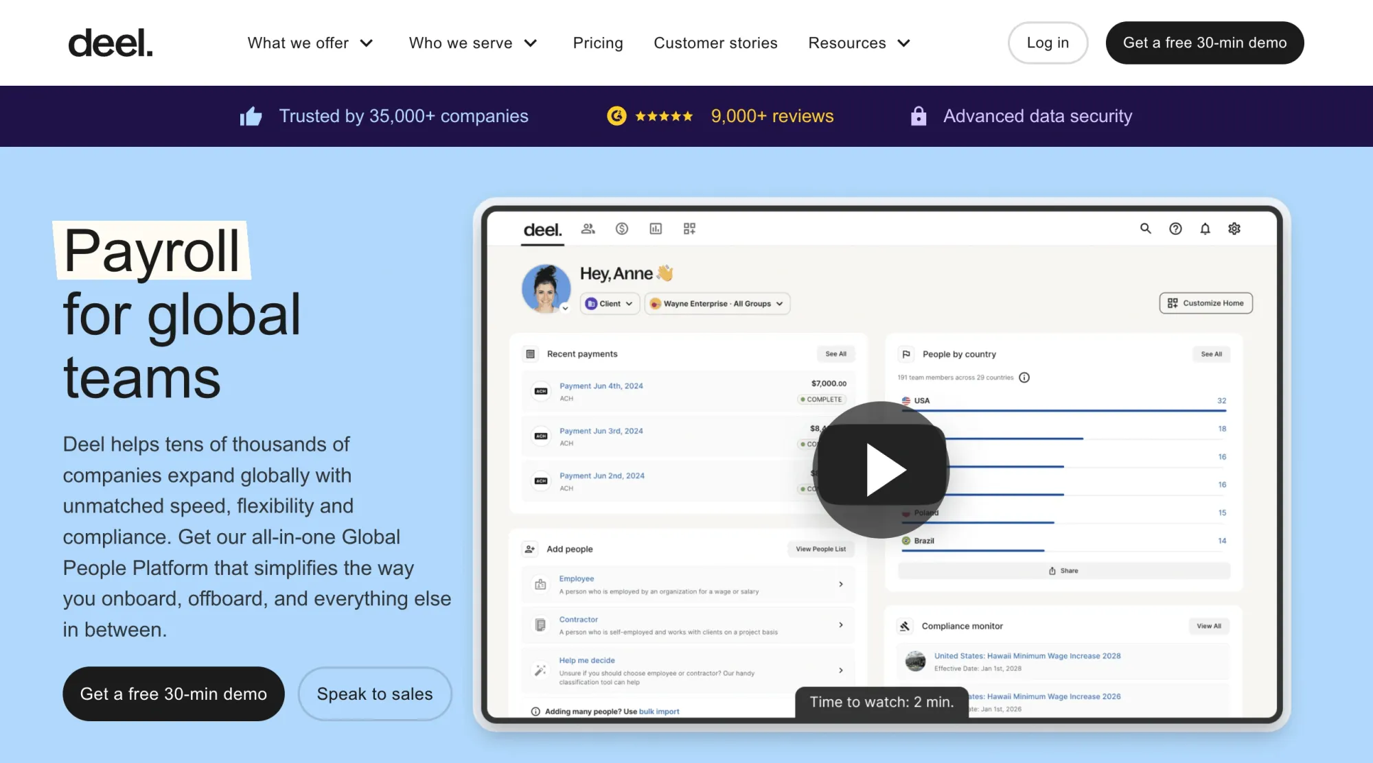 Deel platform displaying payment history and compliance monitor